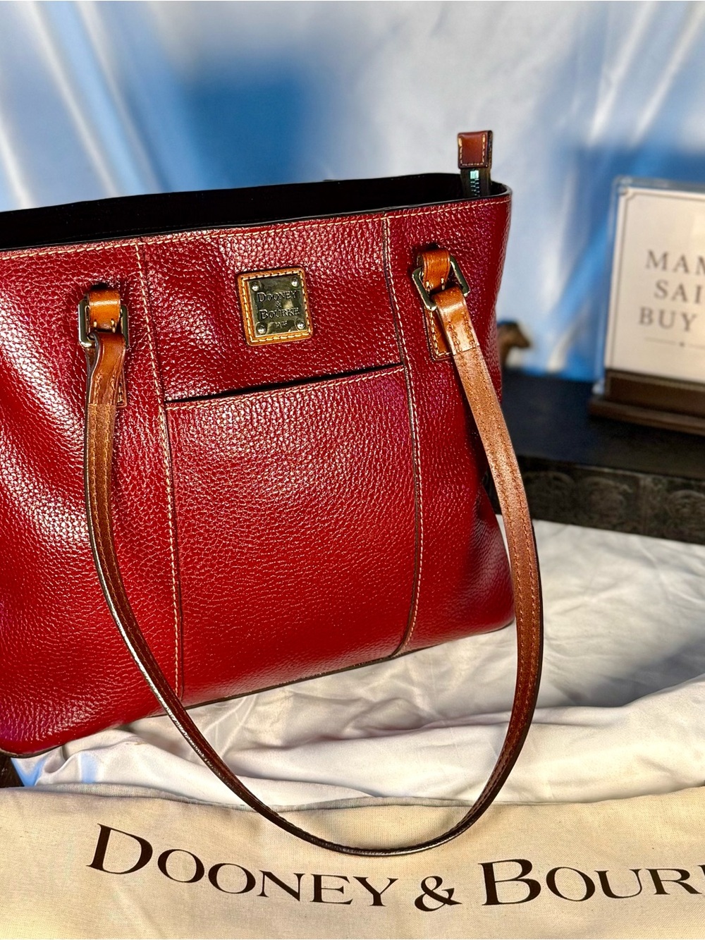 Dooney & Bourke Red Pebbled Leather Tote British Tan Trim